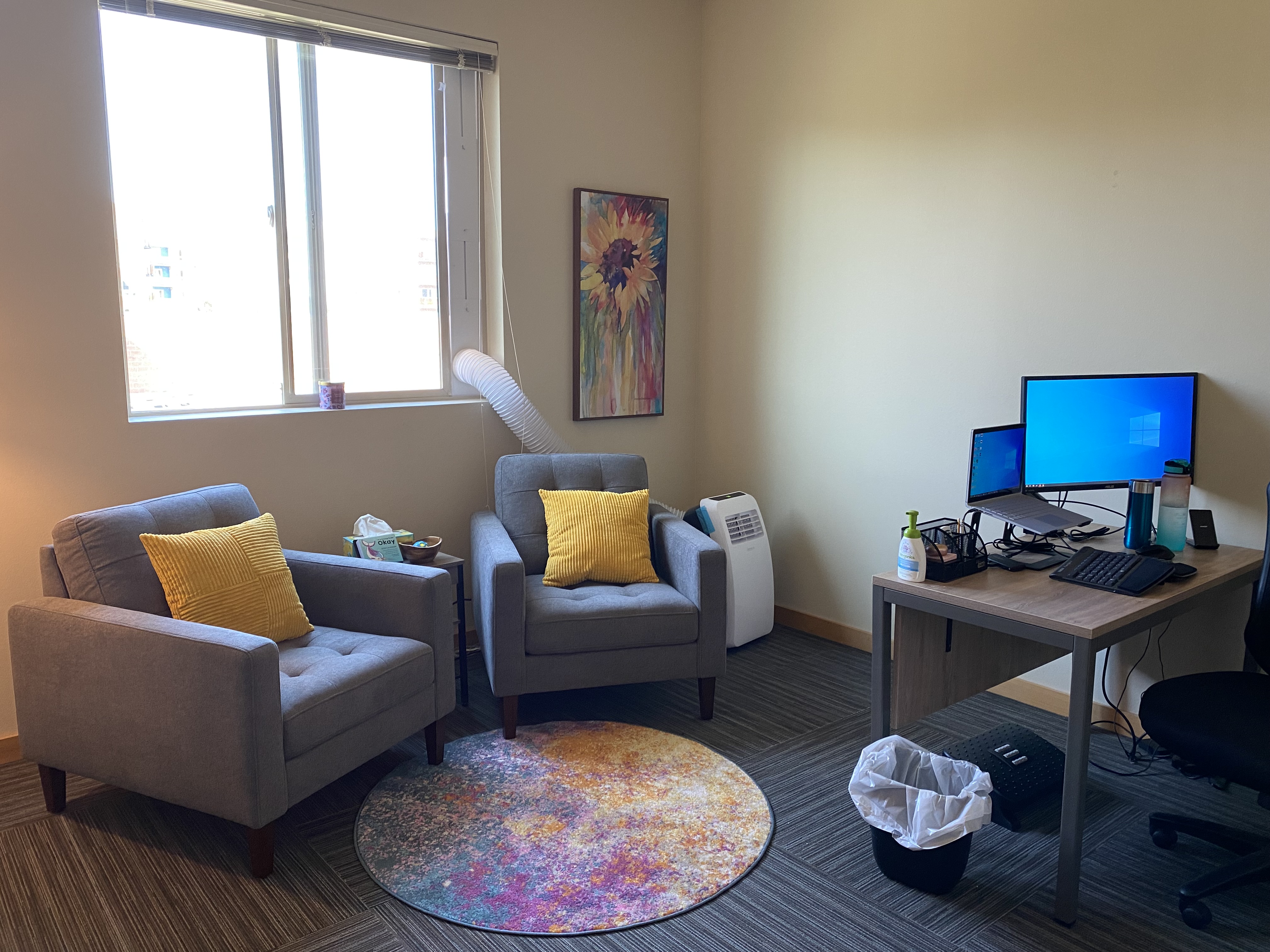 Picture of a brightly lit office with a window, air conditioner unit, and a large framed art piece of a sunflower behind two padded, gray armachairs with yellow pillows. The chairs are on top of a round vibrant and multicolored rug and facing a desk with two computer monitors and a keyboard on it.
